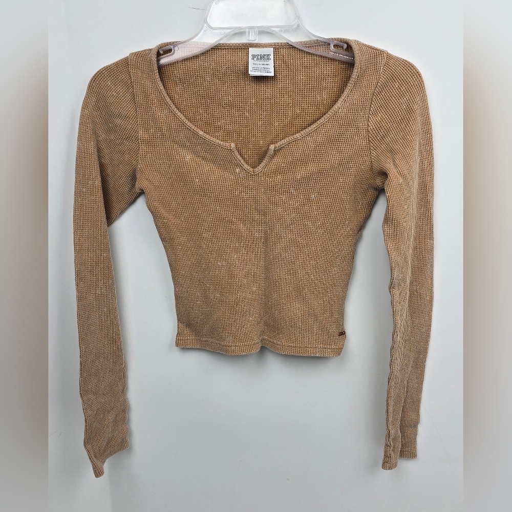 Victoria Secret Pink Women's Long Sleeve Waffle Knit Crop Shirt V-Neck Sm Brown